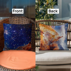 Deep Blue Space Design Decorative Pillow Galaxy Themed Cushion Double Sided Pattern Vibrant Nebula Colors Orange Gold Cosmic Clouds Square Accent Pillow Astronomy Enthusiast Gift Perfect Bedroom Decoration Living Room Accessory Dorm Room